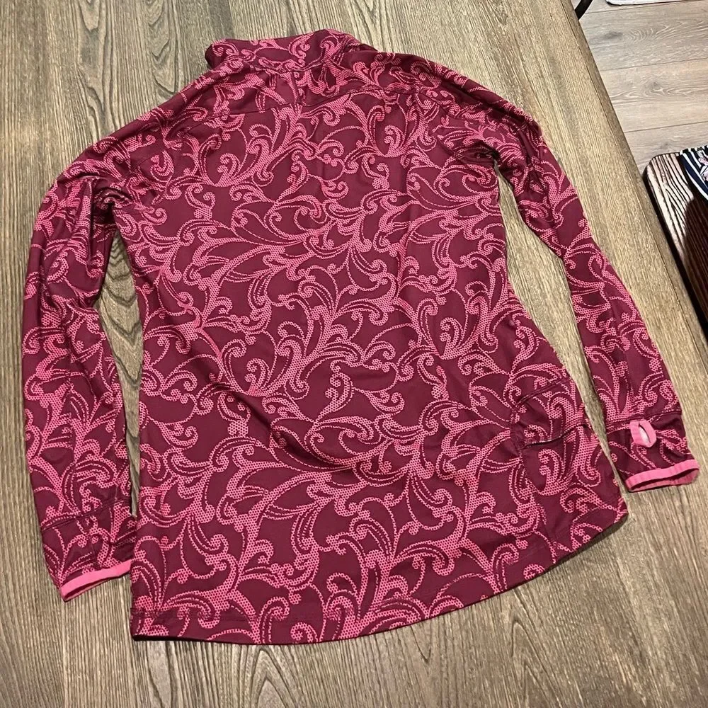 Lands' End Athletic Shirt Paisley Long Sleeve 1/4 Zip Pullover Stretch Pink L